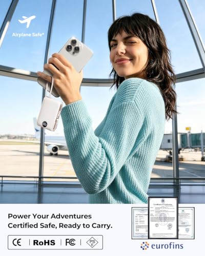 Portable Charger Power Bank 10000mAh, 45% Smaller Built-in Cables & AC Plug - color: Pearl White
