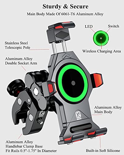 BRCOVAN Motorcycle Phone Mount Holder with 15W Qi Wireless Charger