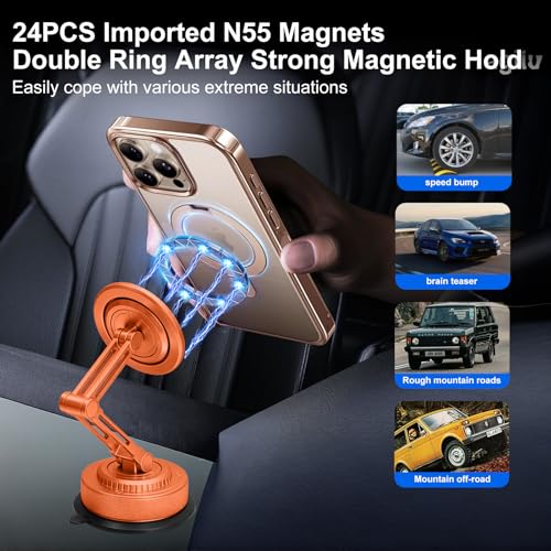 All-Metal Alloy Long Arm Magnetic Suction Cup Car Phone Mount(Orange) - color: Orange