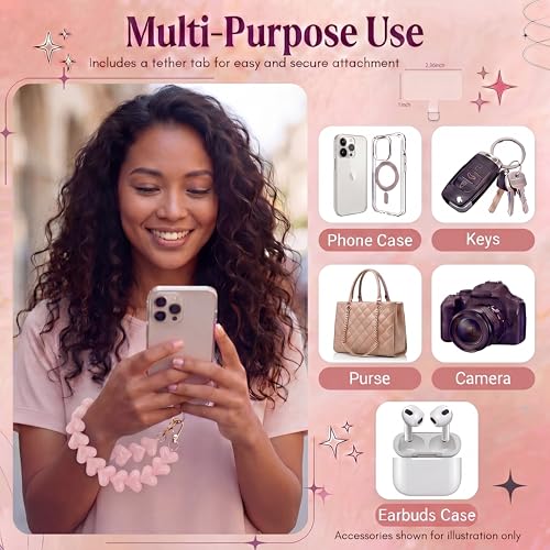 Heart Beaded Phone Wristlet | Phone Wrist Strap With Tether Tab | Cute Accessory for Phone, AirPods, Bag, Keys, Camera - color: Cloud Pink