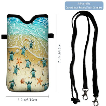 Universal Neoprene Cell Phone Pouch 7.1 X 4 in Mobile Protection Case Bag with Crossbody Strap/Neck Lanyard Sea Turtle Printed Pattern - color: Sea Turtle Printed Pattern