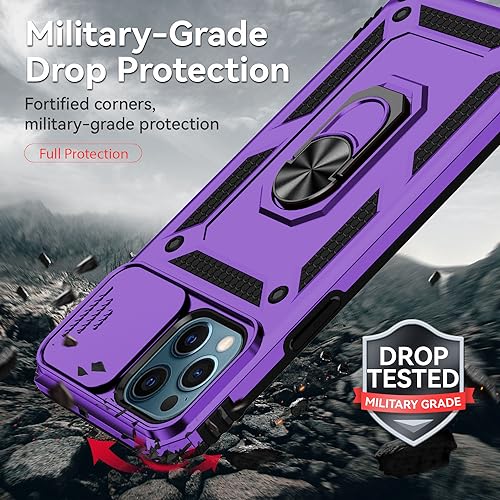for iPhone 12/ iPhone 12 Pro Case with Camera Lens Cover, Purple | HD Screen Protector, 16 FT Military Grade Drop Protection, Magnetic Kickstand Rugged Shockproof Protective Cove - color: Purple