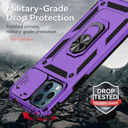 for iPhone 12/ iPhone 12 Pro Case with Camera Lens Cover, Purple | HD Screen Protector, 16 FT Military Grade Drop Protection, Magnetic Kickstand Rugged Shockproof Protective Cove - color: Purple