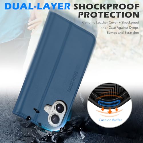 SHIELDON Genuine Leather Magnetic Case Wallet for iPhone 16, Royal Blue | Flip Magnetic Closure, RFID Blocking 3 Card Holder, Kickstand, Full Protection, Shock Absorbing Protective Cover - color: Royal Blue