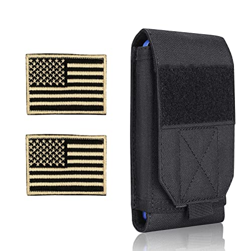 Black Tactical Molle Cellphone Pouch Case,Heavy Duty Waterproof Phone Holster Bag for iPhone 11 12 13 Pro Max for Samsung S22 S21 S20 FE Note 20 A02S Less 6.7" Phone with 2 Pack US Flag Patch - color: Black & 2 Gold Patches