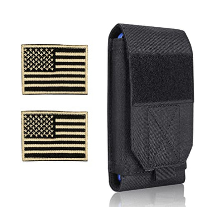 Black Tactical Molle Cellphone Pouch Case,Heavy Duty Waterproof Phone Holster Bag for iPhone 11 12 13 Pro Max for Samsung S22 S21 S20 FE Note 20 A02S Less 6.7" Phone with 2 Pack US Flag Patch - color: Black & 2 Gold Patches