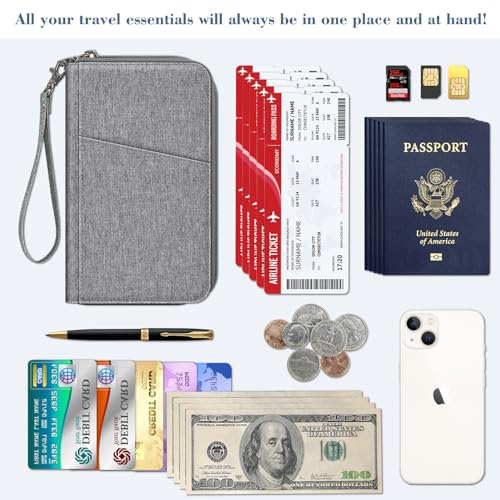 FINTIE Family Passport Holder Wallet Travel Document Organizer Clutch Bag | RFID Blocking Credit Cards Case Cover for Women Men - color: Snowflake Gray