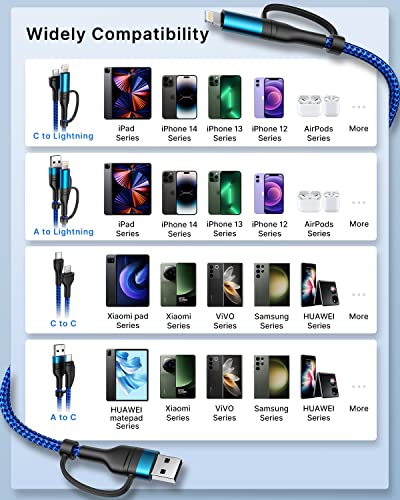 4 in 1 Charging Cable, 60W USB C to Lightning Cable 6.6FT, USB A/C to C/Lightning Multi Charging Cable Fast Charging for iPhone 16 15 14 13 Pro Max/MacBook Pro/Samsung S25 S24/Switch 2,Blue - color: Blue
