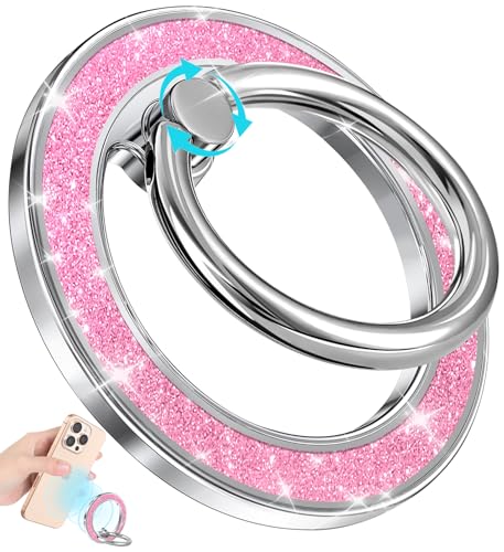 Phone Ring Holder Compatible with MagSafe - Magnetic Cell Phone Grip for Women Cute Magnet Removable Finger Ring Grip Stand Glitter Shiny Accessories for iPhone 17 16 15 14 13 Pro Max Plus - color: Pink