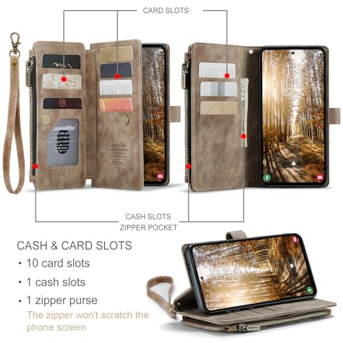 Samsung Galaxy S24+ Plus 5G Wallet Case with Card Holder Kickstand Magnetic Zipper Pocket Lanyard Strap Wristlet,Leather Flip Case Wallet for Samsung Galaxy S24+ Plus 5G 6.7 Inch(Brown) - color: Brown, size: S24+ Plus 6.7 Inch