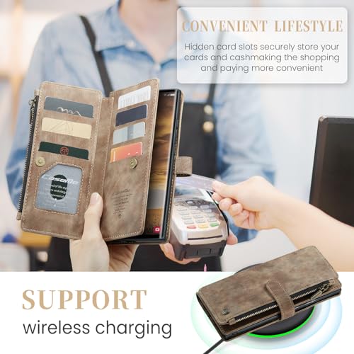 Samsung Galaxy S24 Ultra 5G Wallet Case with Card Holder Kickstand Magnetic Zipper Pocket Lanyard Strap Wristlet,Leather Flip Case Wallet for Samsung Galaxy S24 Ultra 5G 6.8 Inch(Brown) - color: Brown, size: S24 Ultra 6.8 Inch