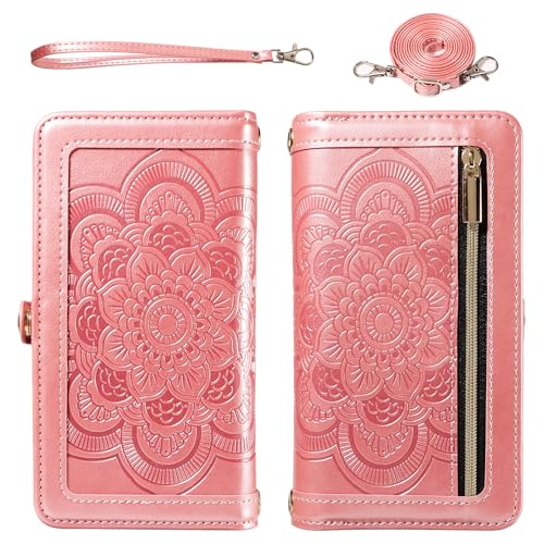 Asuwish Phone Case for iPhone 15 Pro 6.1 inch Zipper Wallet Magnetic Detachable Cell Cover with Tempered Glass Screen Protector Crossbody Strap Flower Card Holder i Phone15 i15 15Pro Women Rose Gold - color: Rose Gold