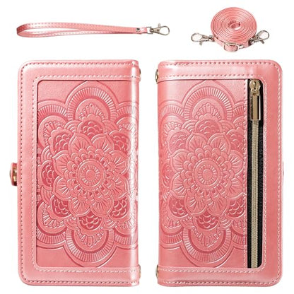 Asuwish Phone Case for iPhone 15 Pro 6.1 inch Zipper Wallet Magnetic Detachable Cell Cover with Tempered Glass Screen Protector Crossbody Strap Flower Card Holder i Phone15 i15 15Pro Women Rose Gold - color: Rose Gold