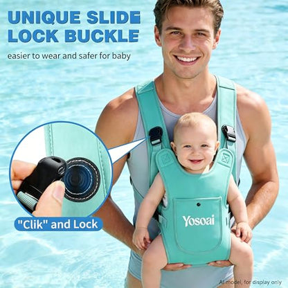 Yosoai Premium Neoprene Water Baby Carrier, Safer Wider 50mm Strap & 60mm Slide Lock Buckle, Ergonomic X+H Back Support, Quick Dry Land & Water Baby Carrier with Waterproof Phone Pouch - color: Lake Blue