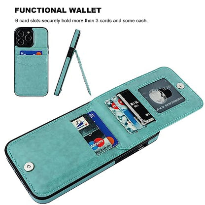 KIHUWEY for iPhone 14 Pro Max Wallet Case Card Holder Kickstand, Mint Green | Credit Card Slots, PU Leather, Magnetic Clasp, Flip Heavy Duty Protection Cover for Men and Women - color: Mint Green