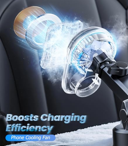 Wireless Magnetic Car Phone Holder Mount with Cooling Fan & RGB Lights, 15W Fast Charging Auto-Rotate Suction Cup Charger for iPhone 17/16/15/14/13 S25 Samsung, Car Dashboard/Windshield Mount - size: Suction cup
