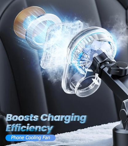 Wireless Magnetic Car Phone Holder Mount with Cooling Fan & RGB Lights, 15W Fast Charging Auto-Rotate Suction Cup Charger for iPhone 17/16/15/14/13 S25 Samsung, Car Dashboard/Windshield Mount - size: Suction cup