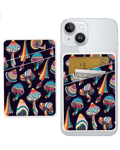 Dual Pocket Leather Phone Wallet Adhesive Stick On, Cute Card Holder, Credit Card Holder for Case Compatible with Most Phones Boho Mushroom - color: Boho Mushroom