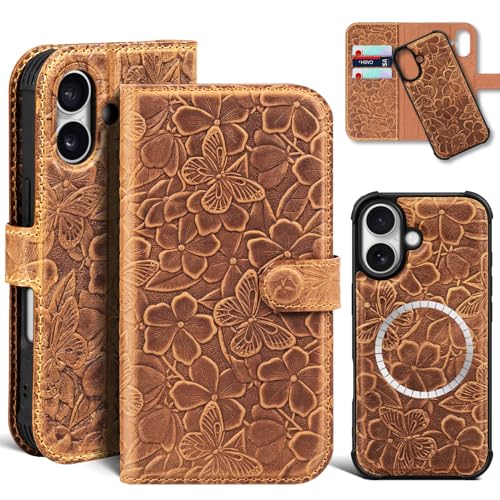 Genuine Leather Wallet Case for iPhone 17, Brown | 2-in-1 Magnetic Detachable, Flip Folio Cover, Card Slots, RFID Blocking, Shockproof Protection - color: Brown, size: 17 6.3‘’