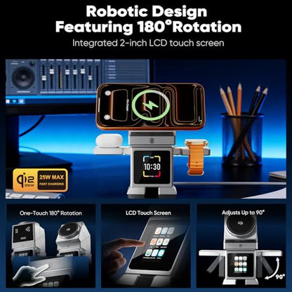 7-in-1 Robot Wireless Charging Station, Qi2.2 25W Magnetic Wireless Charger for iPhone 18-12 Series, AirPods & iWatch, Auto-Rotating Stand, Bluetooth Speaker & 2" Smart Display, 45W Adapter Included - color: Silver-T6D