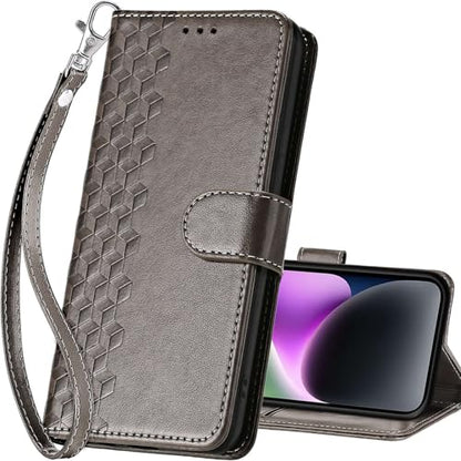for iPhone 15 Plus Wallet case, Gray-Cube | 3 Card Holders, Kickstand, Shockproof TPU Shell, PU Leather, Magnetic Closure, Protective Flip Folio Cover, Women - color: 10