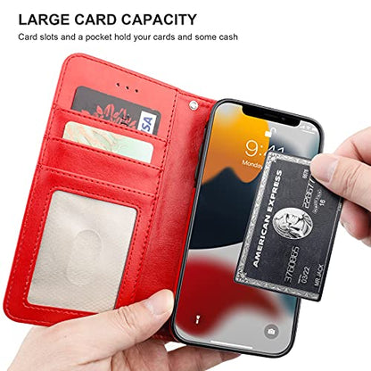 Bocasal Detachable Wallet Case Card Holder for iPhone 13, Red | RFID Blocking Kickstand Card Slots Holder PU Leather Magnetic Shockproof Wrist Strap Removable Flip Protective Cover 6.1 inch - color: Red