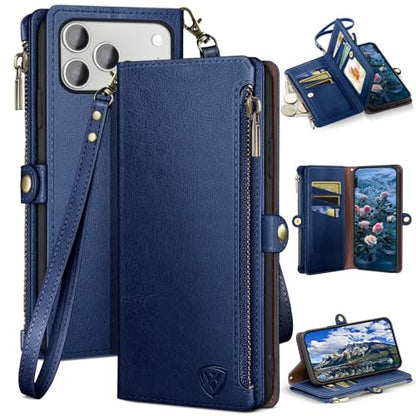 XcaseBar Compatible with iPhone 17 Pro 6.3" Wallet case with Zipper Credit Card Holder【RFID Blocking】,Flip Folio Book PU Leather Phone case Shockproof Cover Women Men for Apple 17 Pro case Blue - color: Blue, size: iPhone 17 Pro 6.3"