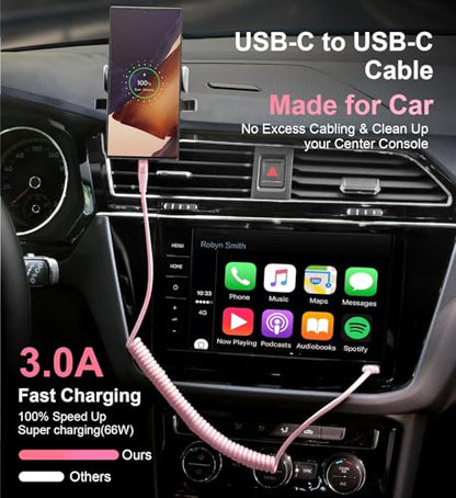 USB C to C Cable 3FT for Car, Coiled USB C Fast Charging Cable iPhone USB-C - color: Pink, size: 3FT