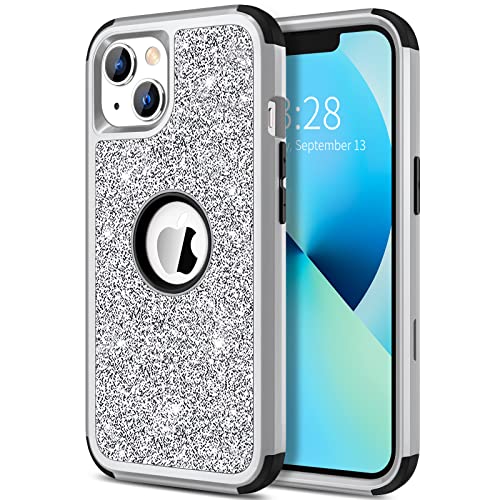 Hython Case for iPhone 13 Case Glitter, Cute Sparkly Shiny Bling Sparkle Cover, Heavy Duty 3 in 1 Hybrid Hard PC Soft TPU Bumper Full Body Shockproof Protective Phone Cases for Women Girls, Silver - color: Silver