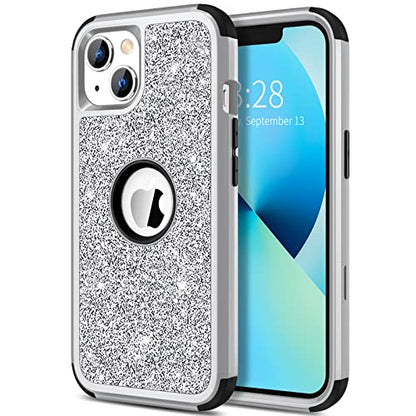 Hython Case for iPhone 13 Case Glitter, Cute Sparkly Shiny Bling Sparkle Cover, Heavy Duty 3 in 1 Hybrid Hard PC Soft TPU Bumper Full Body Shockproof Protective Phone Cases for Women Girls, Silver - color: Silver