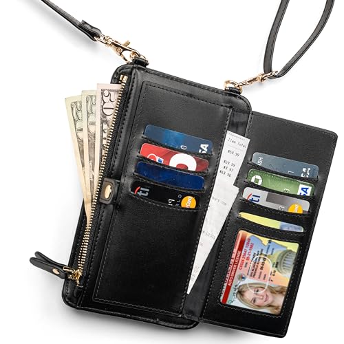 Crossbody Phone Purse for Women – RFID Phone Case Wallet w/Magnetic Closure & Separate Zipper Pocket Crossbody Bag - color: Black