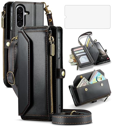 Asuwish Phone Case for Samsung Galaxy A17 5G Zipper Wallet Cover with Tempered Glass Screen Protector and Leather Flip RFID Blocking Credit Card Holder Cell Accessories A 17 17A 4G Women Girls Black - color: Black