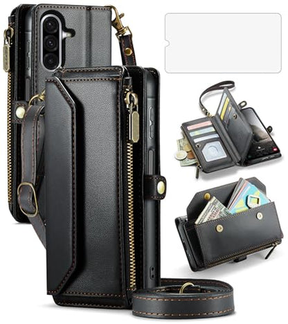 Asuwish Phone Case for Samsung Galaxy A17 5G Zipper Wallet Cover with Tempered Glass Screen Protector and Leather Flip RFID Blocking Credit Card Holder Cell Accessories A 17 17A 4G Women Girls Black - color: Black