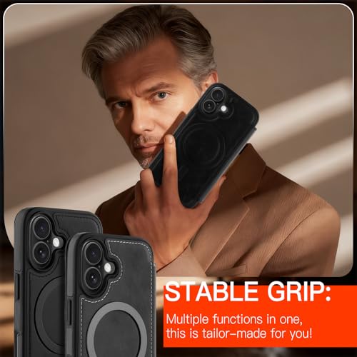 Wallet Phone Case Crafted for iPhone 17 Black | PU Leather Phone Case Flip Cover Wrist Strap Card Holder Slots - color: Black-2, size: iPhone 17