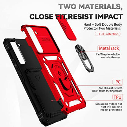 for Samsung Galaxy S22 Case with Camera Lens Cover HD Screen Protector, Dual Layer Military-Grade Drop Tested Magnetic Ring Holder Kickstand Protective Phone Case for Samsung Galaxy S22 5G (Red) - color: Red with camera cover Military-Grade 2nd gen