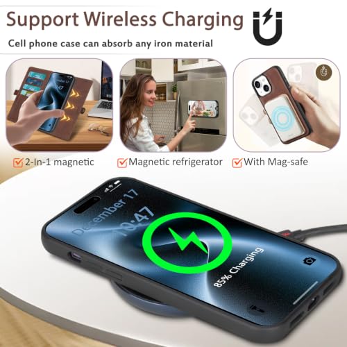 for Wallet Case Compatible with iPhone 14,Multi-Function Detachable 2 in 1 Magnetic iPhone 14 Wallet,Flip Strap Zipper Card Holder Phone Case with Shoulder Straps(Brown) - color: Brown, size: iPhone 14
