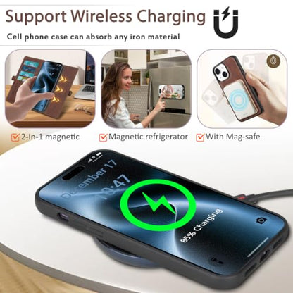 for Wallet Case Compatible with iPhone 14,Multi-Function Detachable 2 in 1 Magnetic iPhone 14 Wallet,Flip Strap Zipper Card Holder Phone Case with Shoulder Straps(Brown) - color: Brown, size: iPhone 14