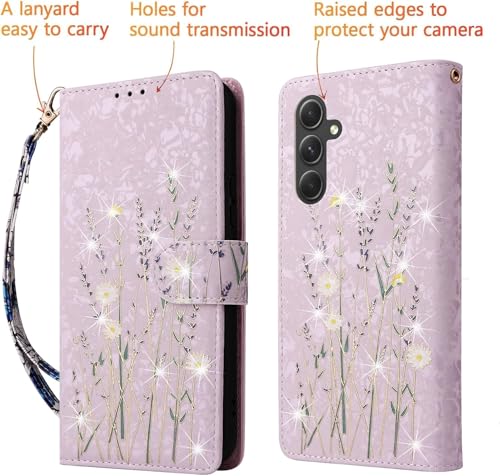 UEEBAI Wallet Case for Samsung Galaxy A37 5G, PU Leather Phone Cover Kickstand RFID Blocking Flip Case Card Slots Wrist Strap Relief Engraved Pattern Magnetic Closure Folio Cover - Pansy - color: Pansy, size: Samsung Galaxy A37 5G