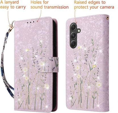 UEEBAI Wallet Case for Samsung Galaxy A37 5G, PU Leather Phone Cover Kickstand RFID Blocking Flip Case Card Slots Wrist Strap Relief Engraved Pattern Magnetic Closure Folio Cover - Pansy - color: Pansy, size: Samsung Galaxy A37 5G