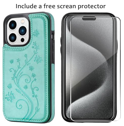 Wallet Case for iPhone 15 pro max, Slim Protective case with Card Holder,Premium PU Leather Kickstand Card Slots Case with Double Magnetic Clasp for iPhone 15 promax (6.7")-Green Butterfly - color: Green