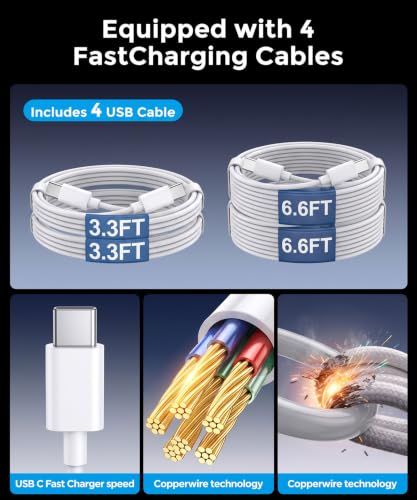 USB C Charging Station 10 Port with 4 Cables,245W GaN Charger Block - color: White