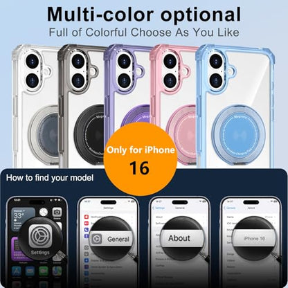 Clear Case for iPhone 16 with Magnetic 360 Rotatable Ring Stand | Military Grade Heavy Duty Cover with 360 Rotatable Ring Kickstand -260417 - color: Clear Black, size: iPhone 16
