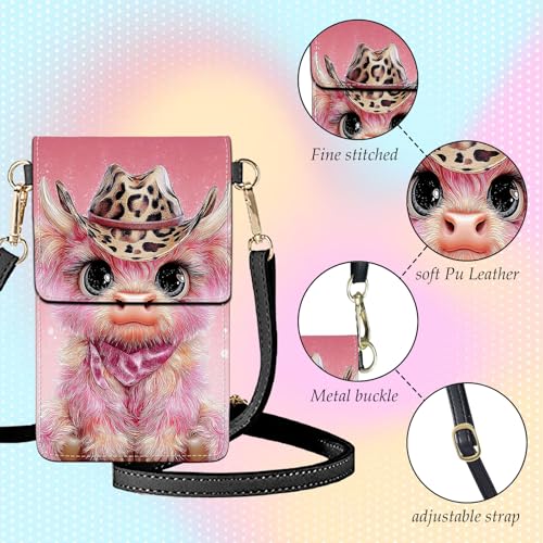 Small Crossbody Bags for Women Touchscreen Cell Phone Bag Cross Body Purses with adjustable Strap,Gifts For Teenage Girls - color: Pink Highland Cow