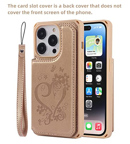 iCoverCase Compatible with iPhone 14 Pro Wallet Phone Case with Card Holder for Women, RFID Blocking Embossed PU Leather Wrist Strap Case 6.1 Inch (Heart Gold) - color: H-Gold