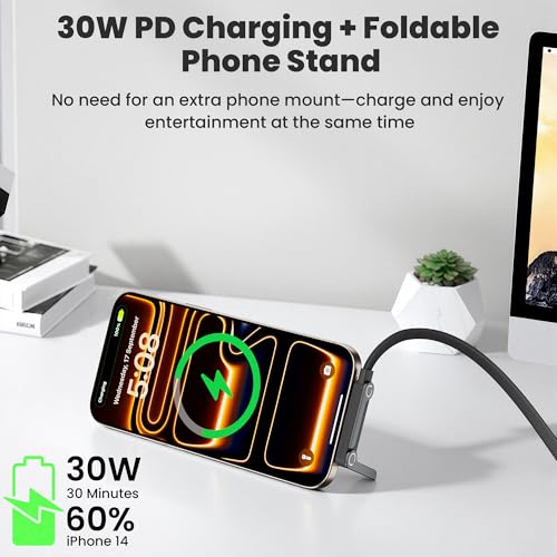 2 Pack USB C to Lightning Cable with Built-in Metal Phone Stand, PD 30W Invisible Holder Charger Cable, 90 Degree Braided Flat Lightning Charging Cable, Foldable Data Cable Standing for iPhone 14-5