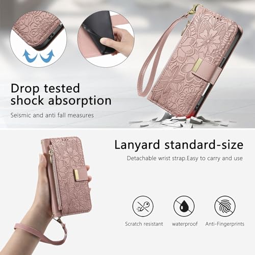 for iPhone 17 Pro Max Phone Case Wallet, Pink | Built-in Card Holder (8-10 Cards), Zipper Pocket, Wrist Strap, Stand Kickstand, Flower PU Leather Protective Phone Case Women - color: Pink, size: iPhone 17 Pro Max