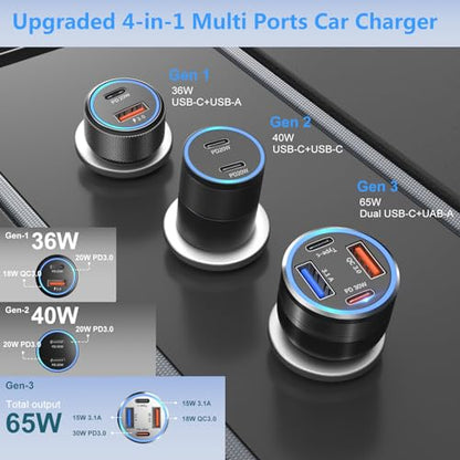 65W USB C Car Charger, 4 Port Fast Cigarette Lighter USB Charger Adapter - color: Black, size: 1-Pack