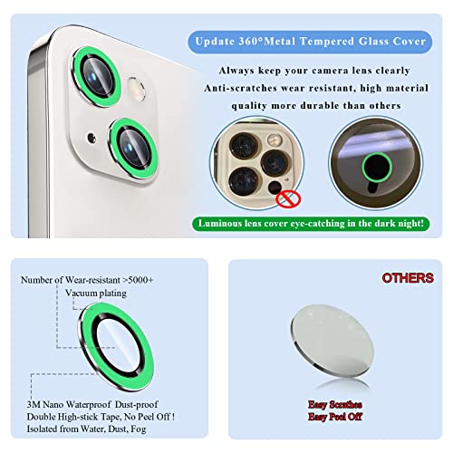 Bling Luminous Camera Lens Protector Compatible for iPhone 13(6.1")/13 Mini(5.4") Ultra Thin/Clear Tempered Glass [Anti-Scratch][Shatter/Water/Fog-Proof] Metal Cover -Luminous Green(Set of 2) - color: Luminous Green