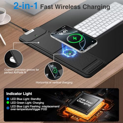 Mouse Pad with Wireless Charging & Foldable Phone Holder, 27.5"x11.8" Black - color: Black-Phone Holder-27.5"x11.8"
