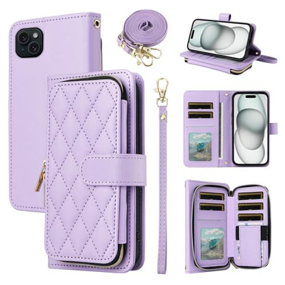 Wallet Case for iPhone 15 Plus 6.7 inch with Wrist Strap 9+ Card Slots Zipper Purse, Luxury PU Leather Stand Full Body Phone Cover for i-Phone 15+ iPhone15Plus 5G i i15 + iPhone15 15Plus Purple | Wrist/Shoulder Strap, Card Slots Luxury PU Leather Stand Ph